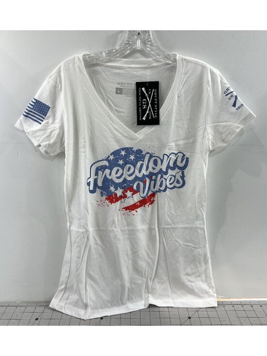 Grunt Style Tops - Grunt Style Freedom Vibes Women’s V-Neck T-Shirt Sz. L USA Patriotic Graphic